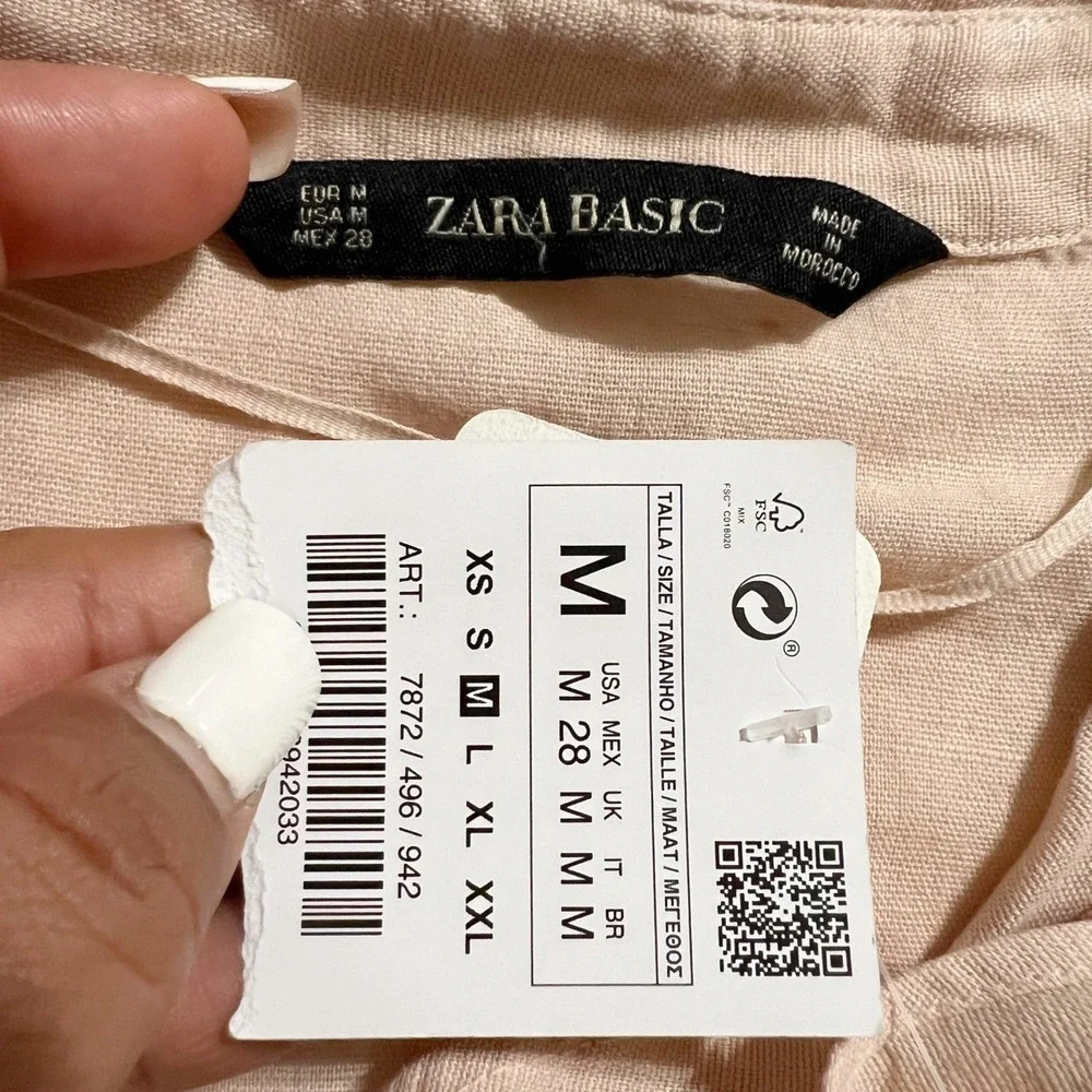 Zara Basic Womens Medium Linen Blend Button Down Tie Sleeve Tunic Dress